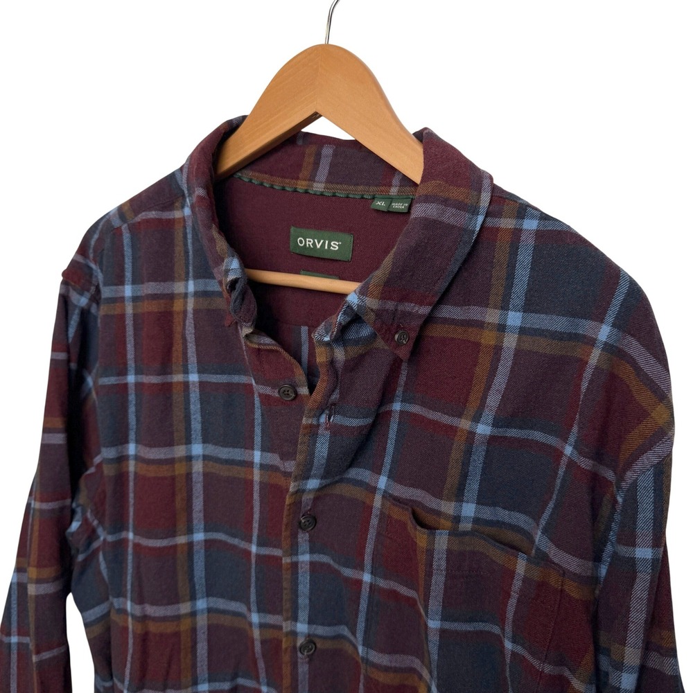 Orvis‎ Mens Plaid Flannel Shirt Button Down XL Burgundy Blue Rugged Rustic Work - Picture 2 of 8